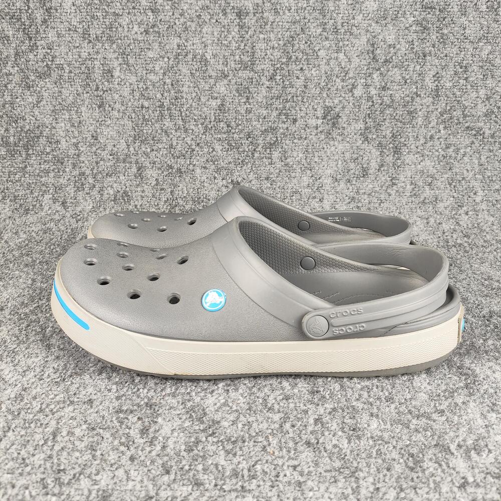 Crocs Sandals Shoes Mens Size 13 Gray Clogs Slip On Comfort Casual Blue Trim